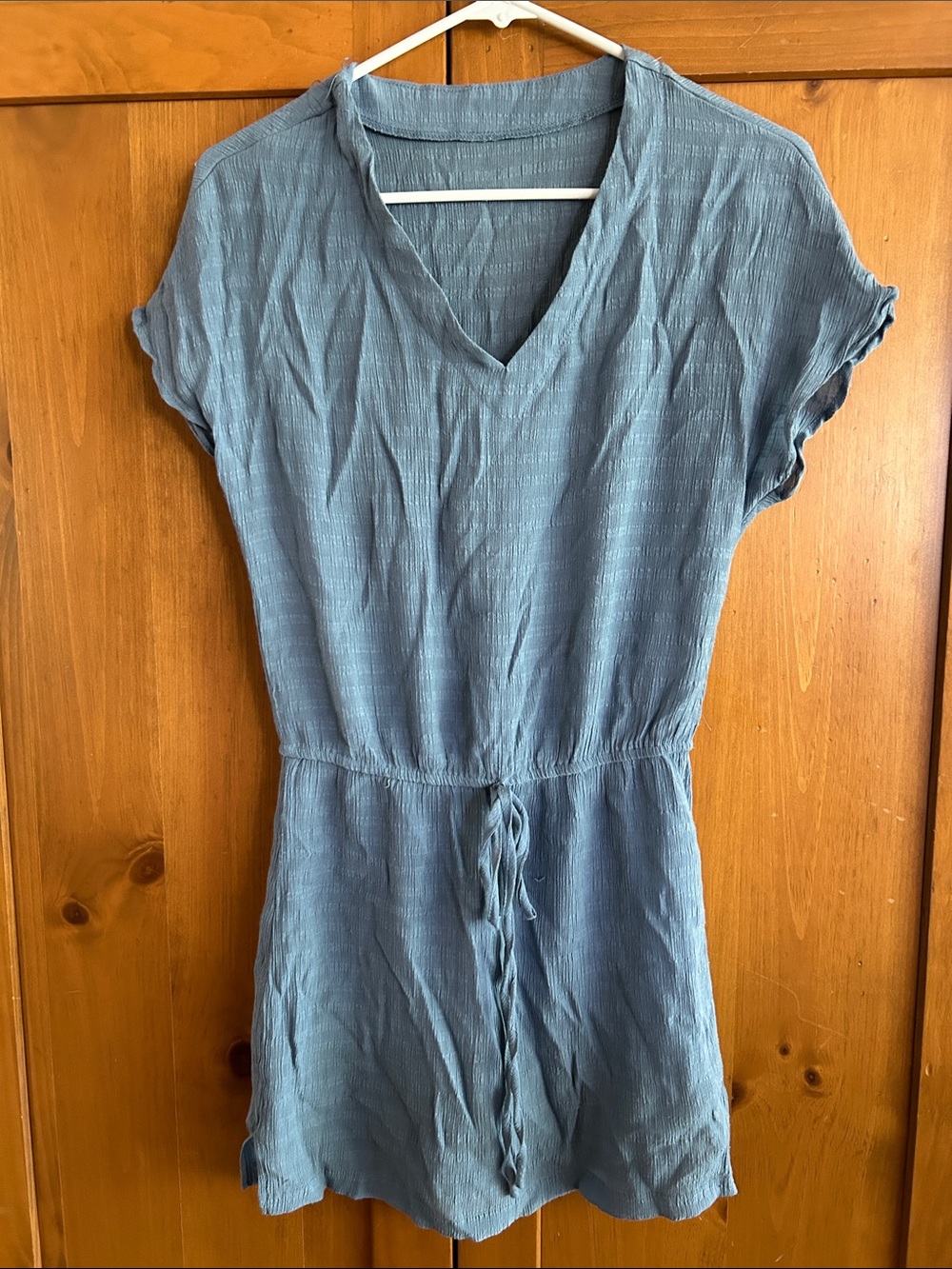 Women's Blue V-Neck Short Sleeve Drawstring Waist Top